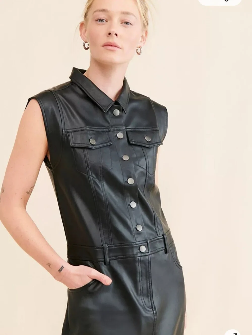 Sleeveless Danny Vegan Leather Button-Front Dress- Black
